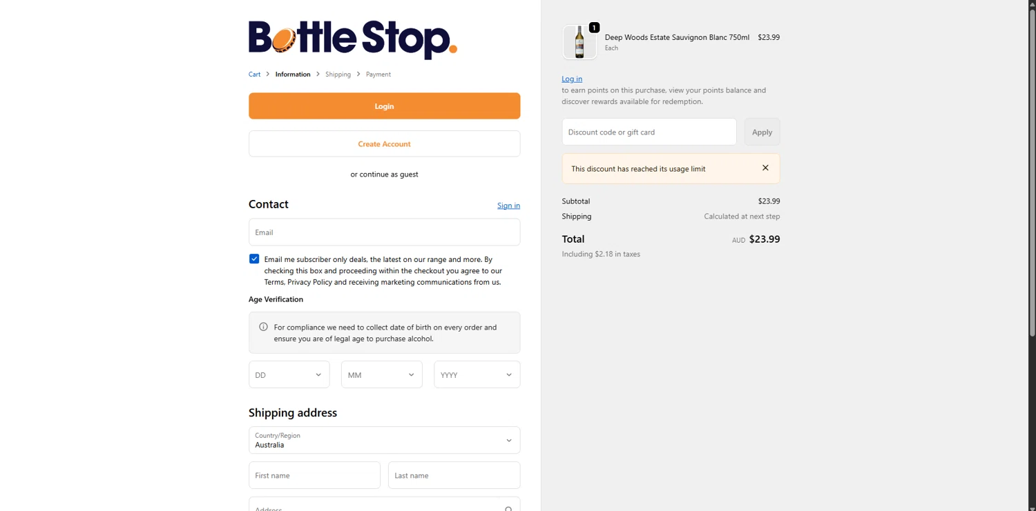 Bottle Stop promo code screenshot showing code ADD24 applied at Bottle Stop checkout page. Uploaded by SimplyCodes community member Carlosramirez09 on Jan 6, 2026