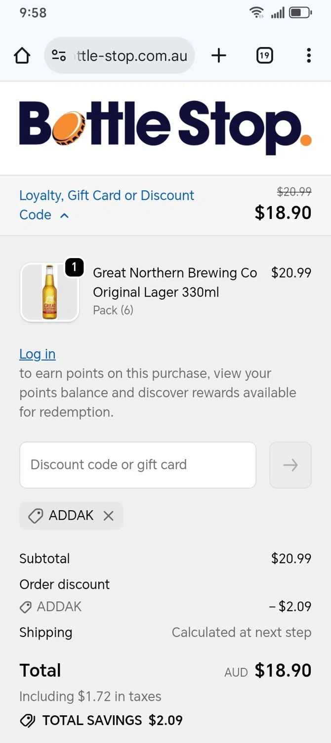 Bottle Stop promo code screenshot showing code ADDAK applied at Bottle Stop checkout page. Uploaded by SimplyCodes community member franksanchez on Jan 7, 2026