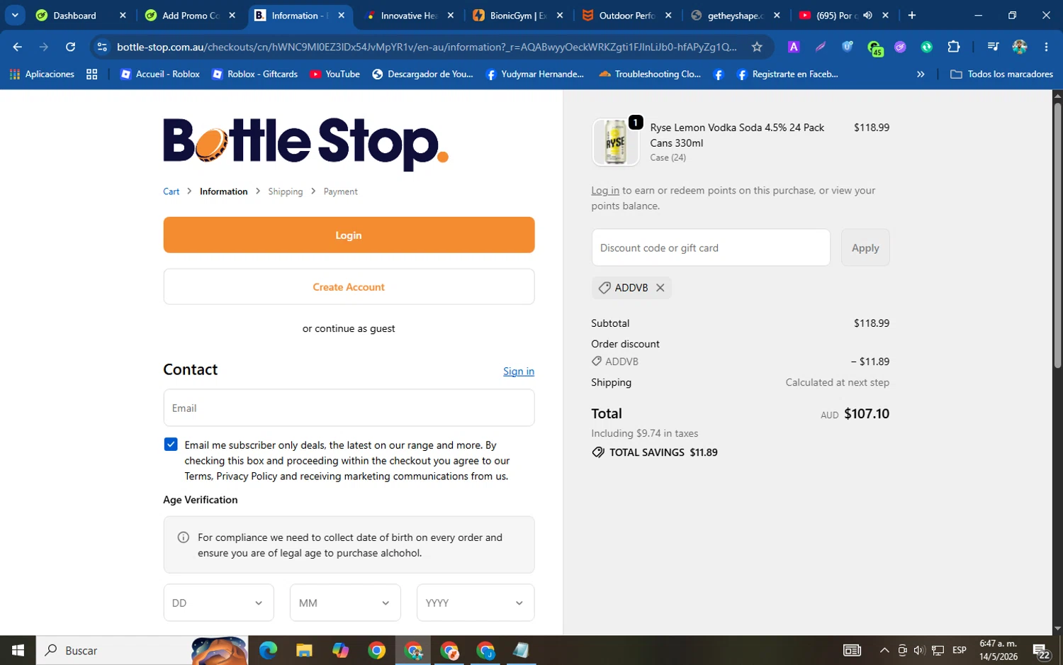 Bottle Stop promo code screenshot showing code addvb applied at Bottle Stop checkout page. Uploaded by SimplyCodes community member helicoide on May 14, 2026
