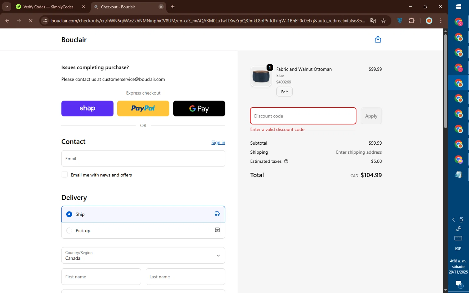 Bouclair promo code screenshot showing code Noelbouclair applied at Bouclair checkout page. Uploaded by SimplyCodes community member DealElite4728 on Nov 29, 2025