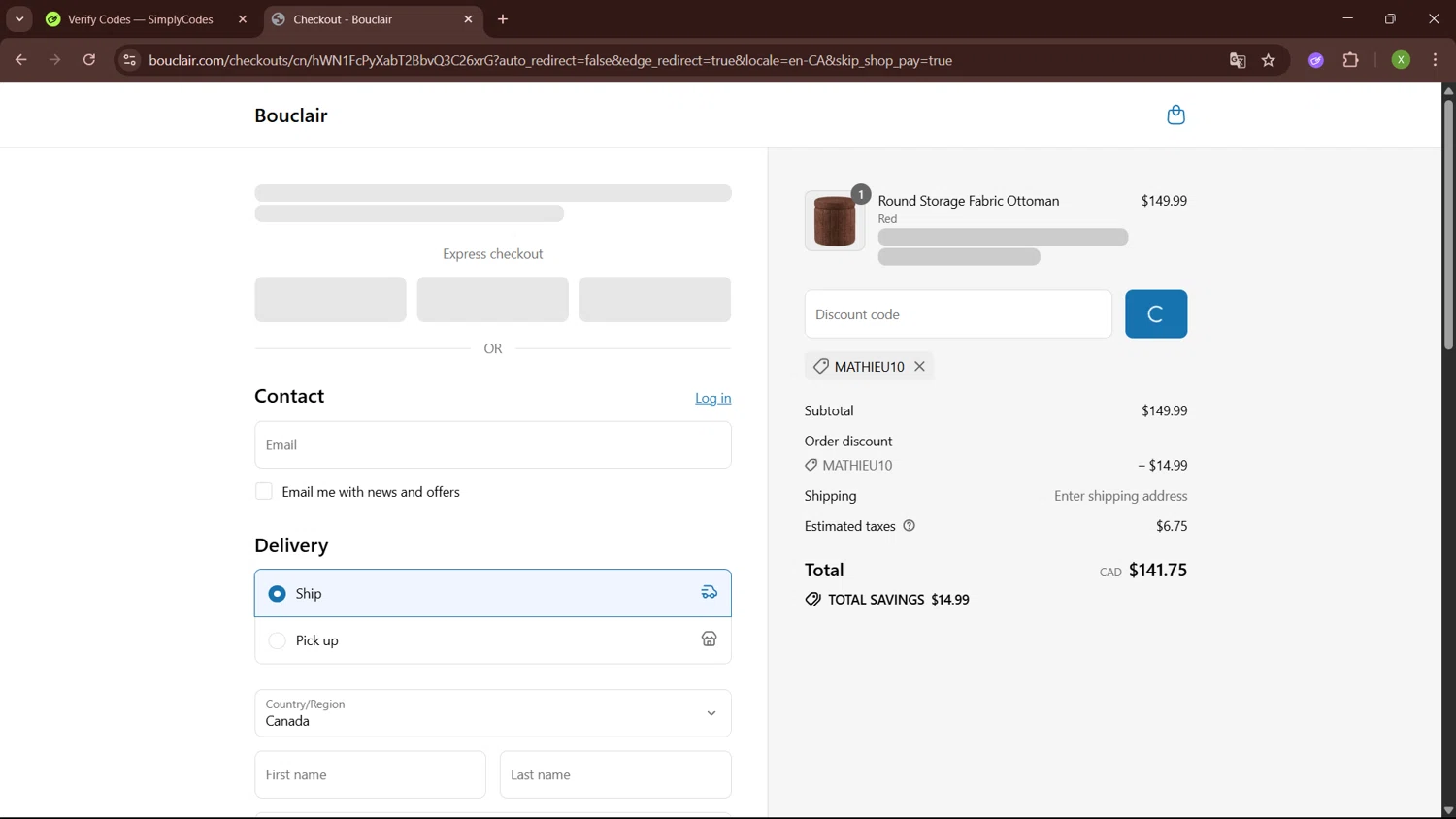 Bouclair promo code screenshot showing code Mathieu10 applied at Bouclair checkout page. Uploaded by SimplyCodes community member SaleTiger1087 on Jul 31, 2025
