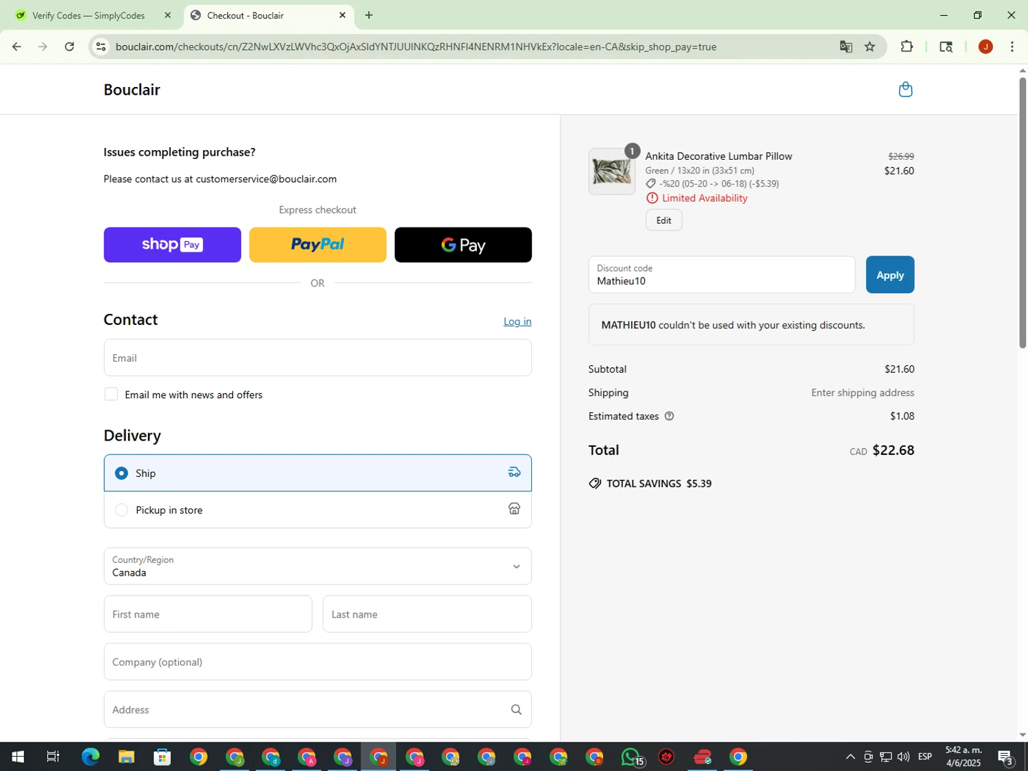 Bouclair promo code screenshot showing code Mathieu10 applied at Bouclair checkout page. Uploaded by SimplyCodes community member KimDokja on Jun 4, 2025