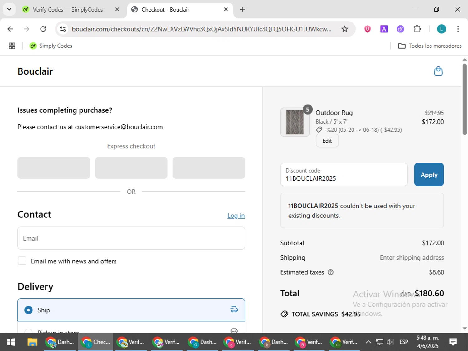 Bouclair promo code screenshot showing code 11BOUCLAIR2025 applied at Bouclair checkout page. Uploaded by SimplyCodes community member LuckyLegend792 on Jun 4, 2025
