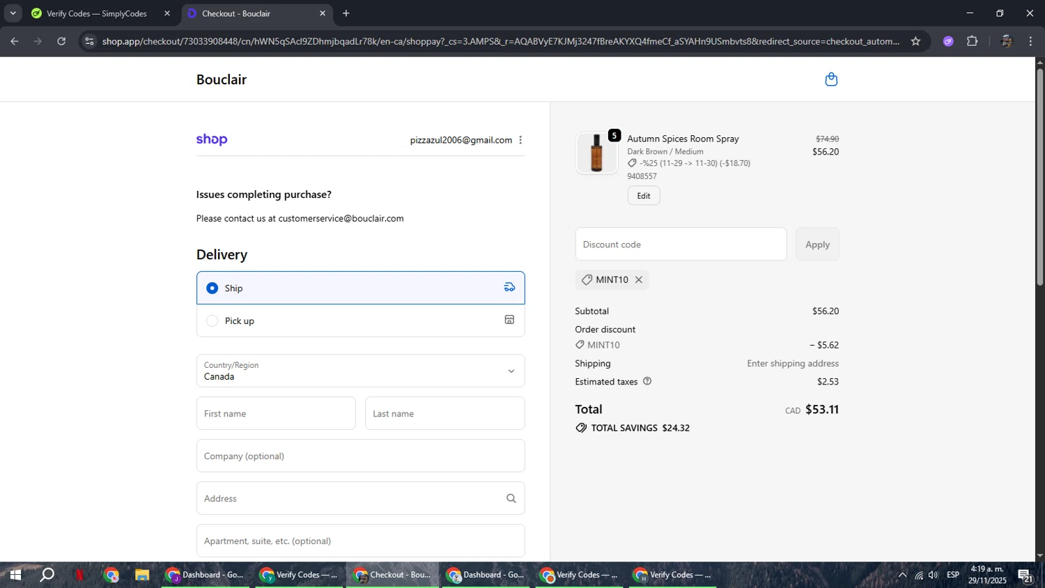 Bouclair promo code screenshot showing code MINT10 applied at Bouclair checkout page. Uploaded by SimplyCodes community member xxdddd on Nov 29, 2025