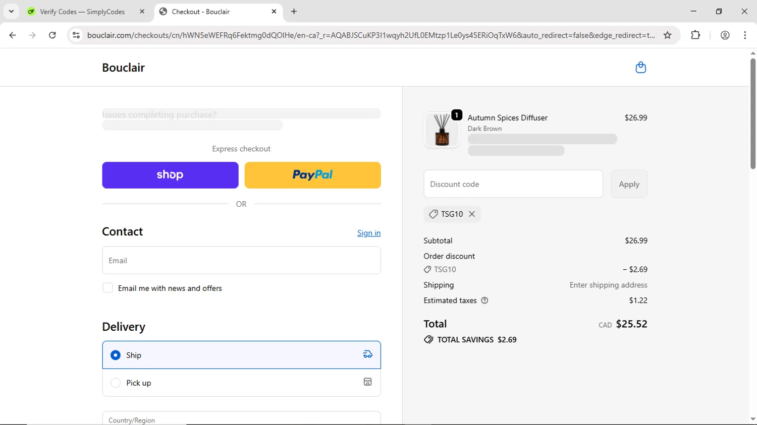 Bouclair promo code screenshot showing code TSG10 applied at Bouclair checkout page. Uploaded by SimplyCodes community member DiscountScout1646 on Nov 24, 2025
