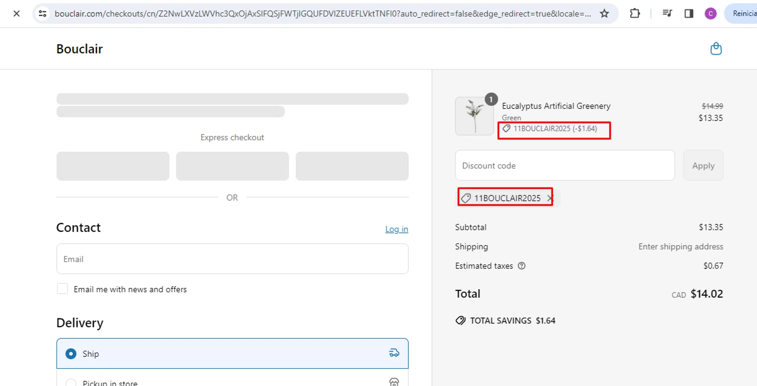 Bouclair promo code screenshot showing code 11BOUCLAIR2025 applied at Bouclair checkout page. Uploaded by SimplyCodes community member nileskamarcano on Mar 31, 2025