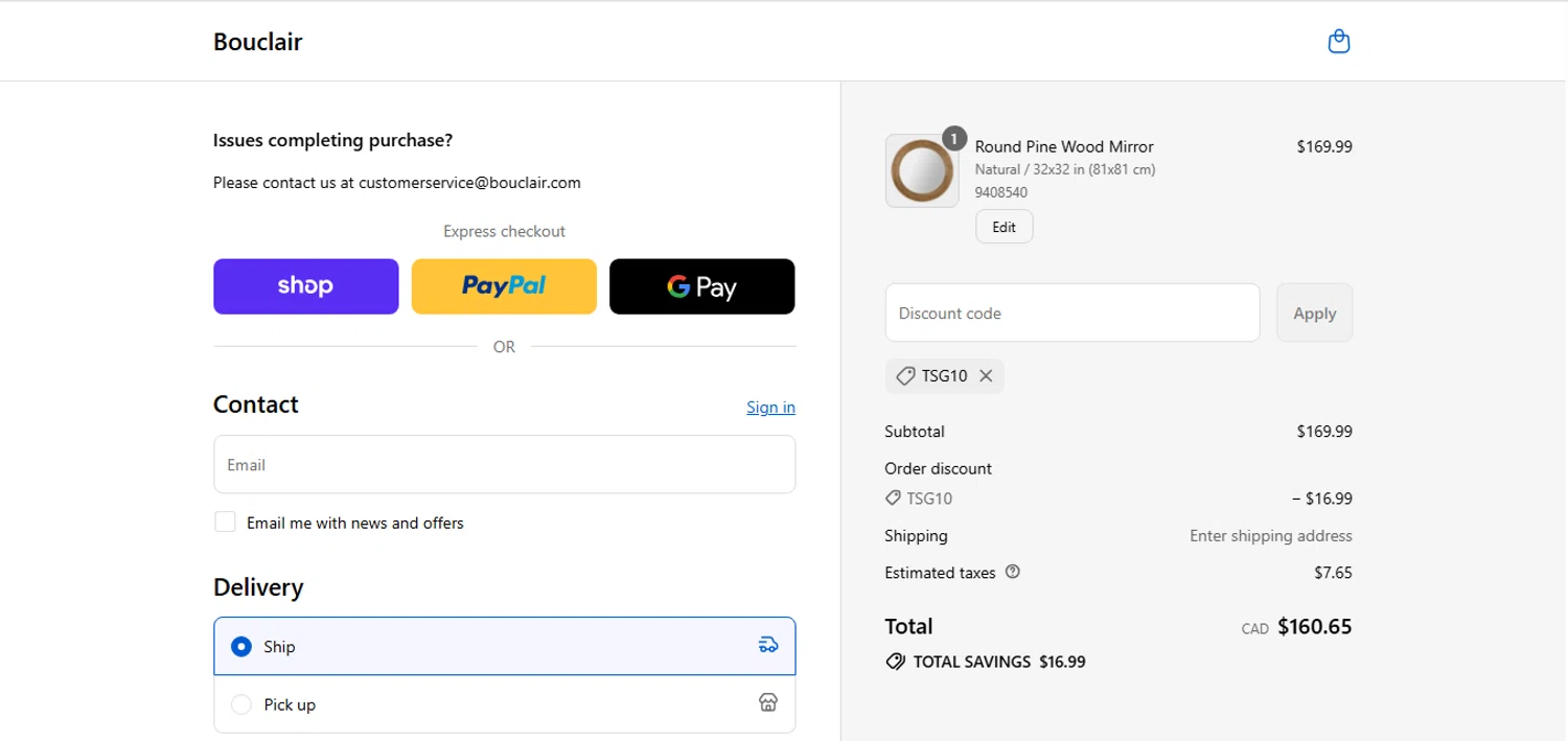 Bouclair promo code screenshot showing code TSG10 applied at Bouclair checkout page. Uploaded by SimplyCodes community member shark12 on Sep 16, 2025