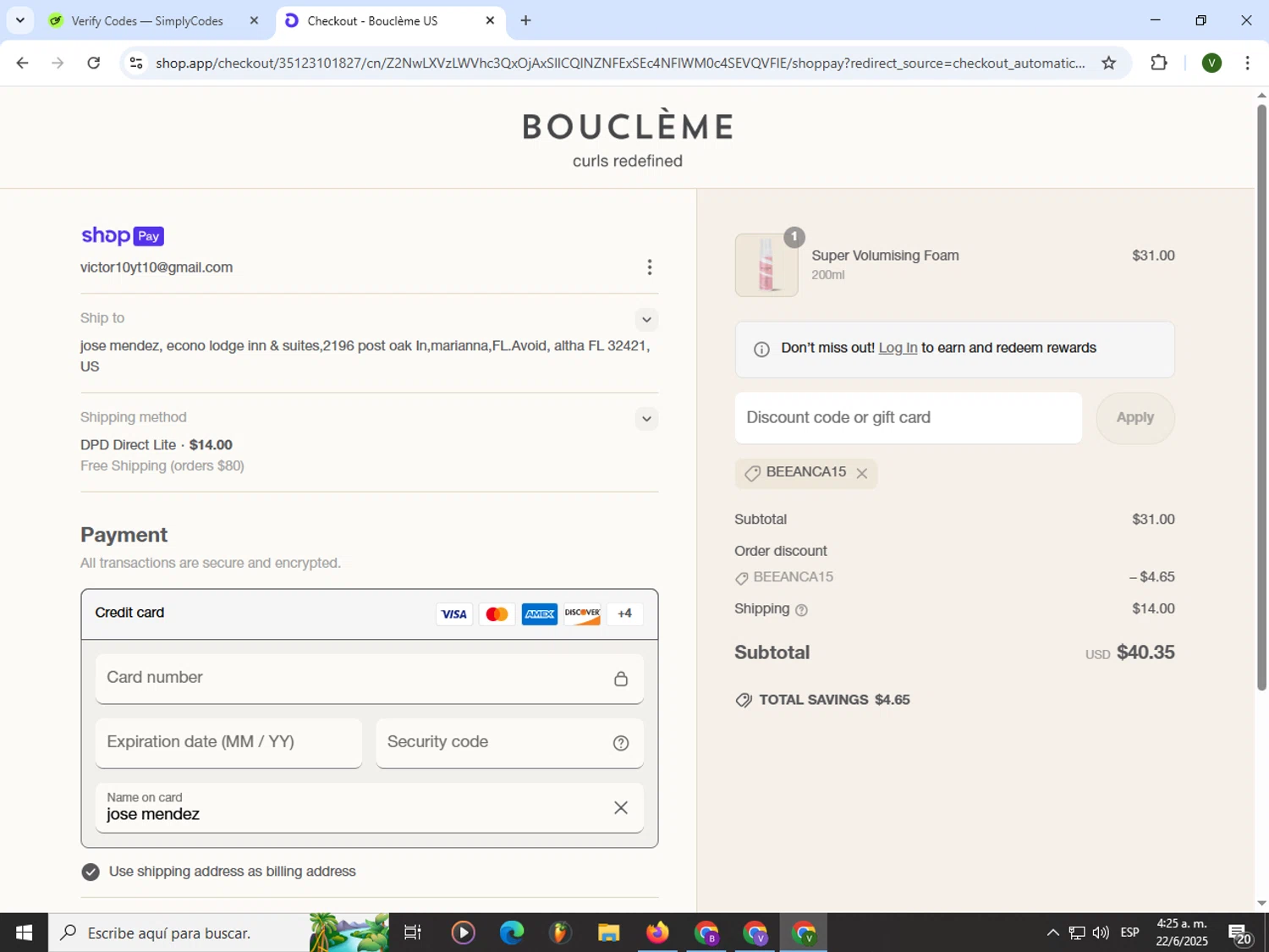 Bouclème US promo code screenshot showing code Beeanca15 applied at Bouclème US checkout page. Uploaded by SimplyCodes community member PrimeWizard4168 on Jun 22, 2025
