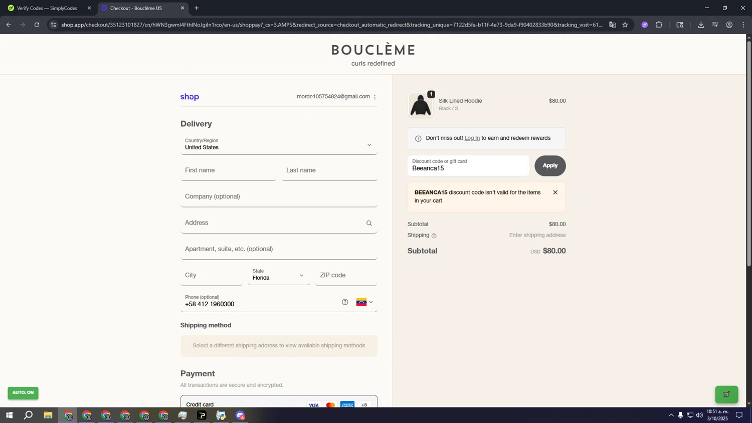 Bouclème US promo code screenshot showing code Beeanca15 applied at Bouclème US checkout page. Uploaded by SimplyCodes community member aaaaaaaaaaaaaaaaaaaaa on Oct 3, 2025