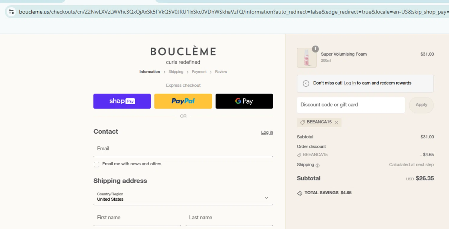Bouclème US promo code screenshot showing code Beeanca15 applied at Bouclème US checkout page. Uploaded by SimplyCodes community member DiscountHero6788 on Mar 3, 2025