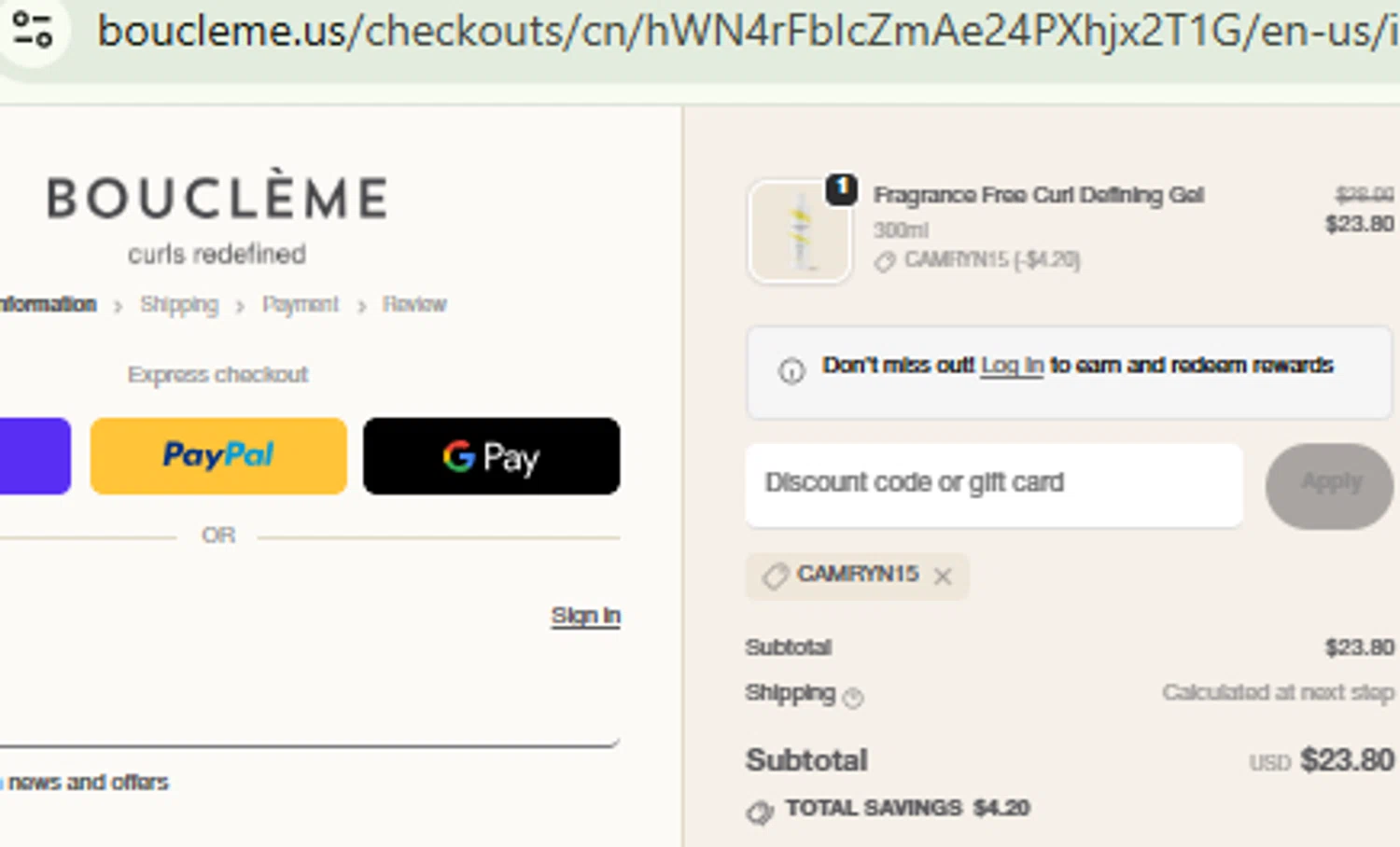 Bouclème US promo code screenshot showing code Camryn15 applied at Bouclème US checkout page. Uploaded by SimplyCodes community member CashMaestro9337 on Nov 3, 2025