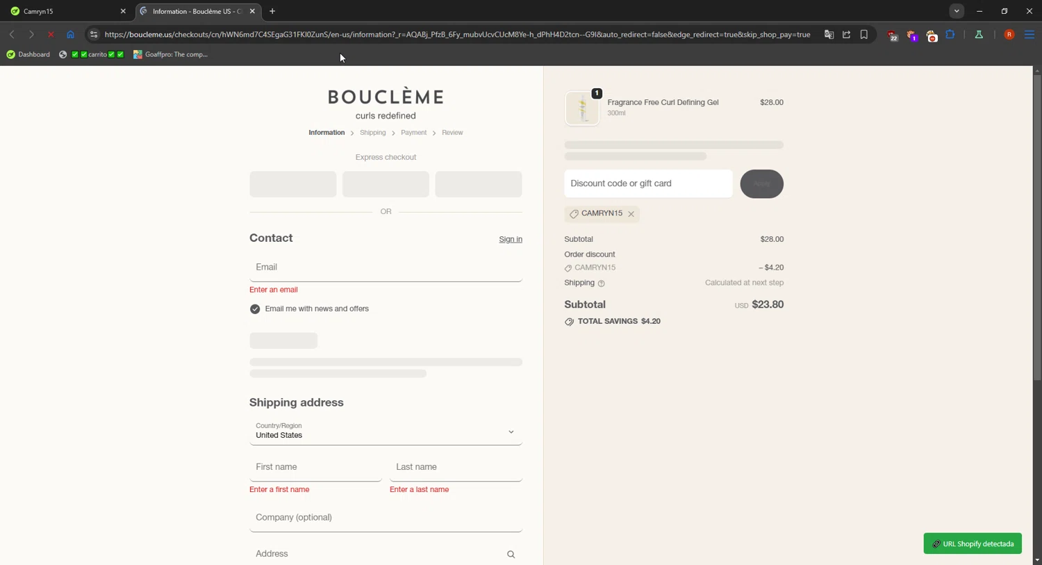 Bouclème US promo code screenshot showing code Camryn15 applied at Bouclème US checkout page. Uploaded by SimplyCodes community member RebateCaptain6918 on Dec 24, 2025