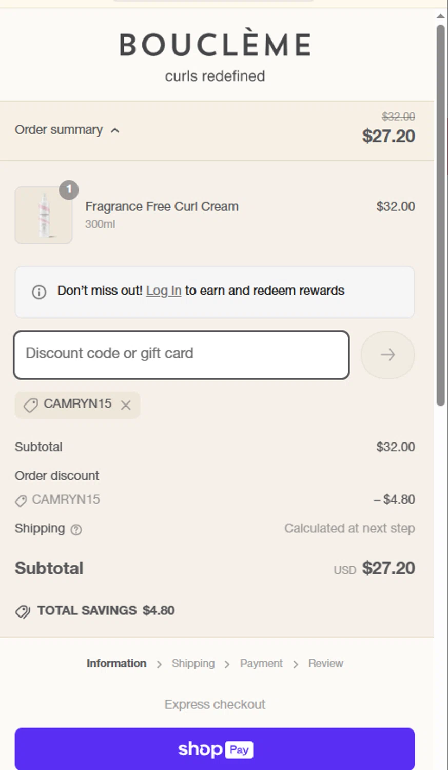 Bouclème US promo code screenshot showing code Camryn15 applied at Bouclème US checkout page. Uploaded by SimplyCodes community member usermariee on Apr 9, 2025