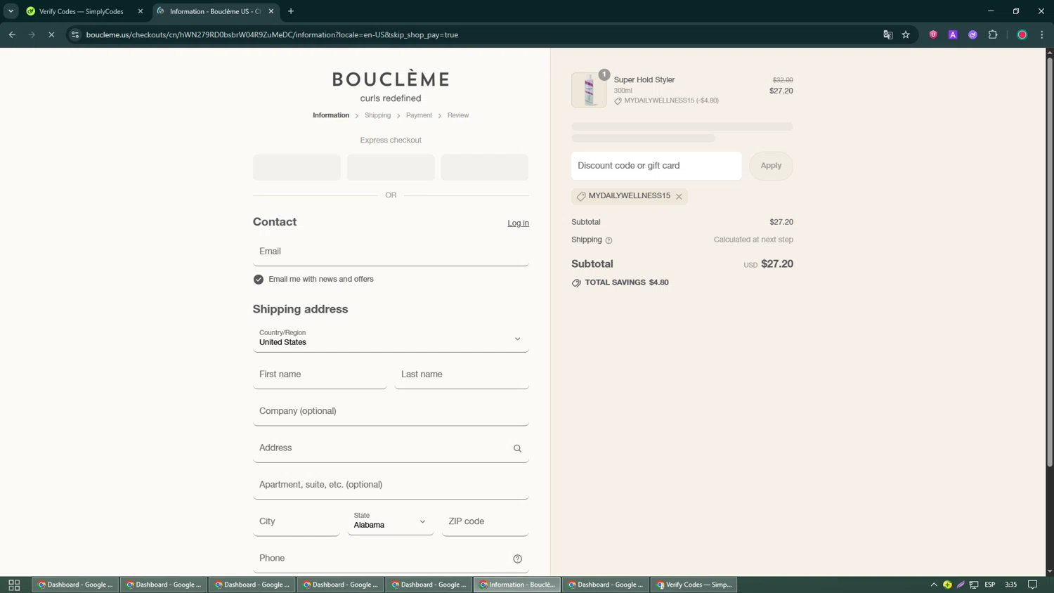 Bouclème US promo code screenshot showing code MYDAILYWELLNESS15 applied at Bouclème US checkout page. Uploaded by SimplyCodes community member William_Jones on Aug 23, 2025