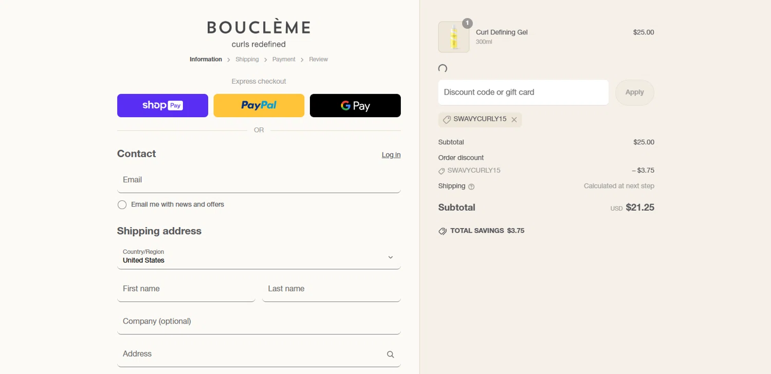 Bouclème US promo code screenshot showing code SWAVYCURLY15 applied at Bouclème US checkout page. Uploaded by SimplyCodes community member BrillianteMaestro892 on Jun 19, 2025