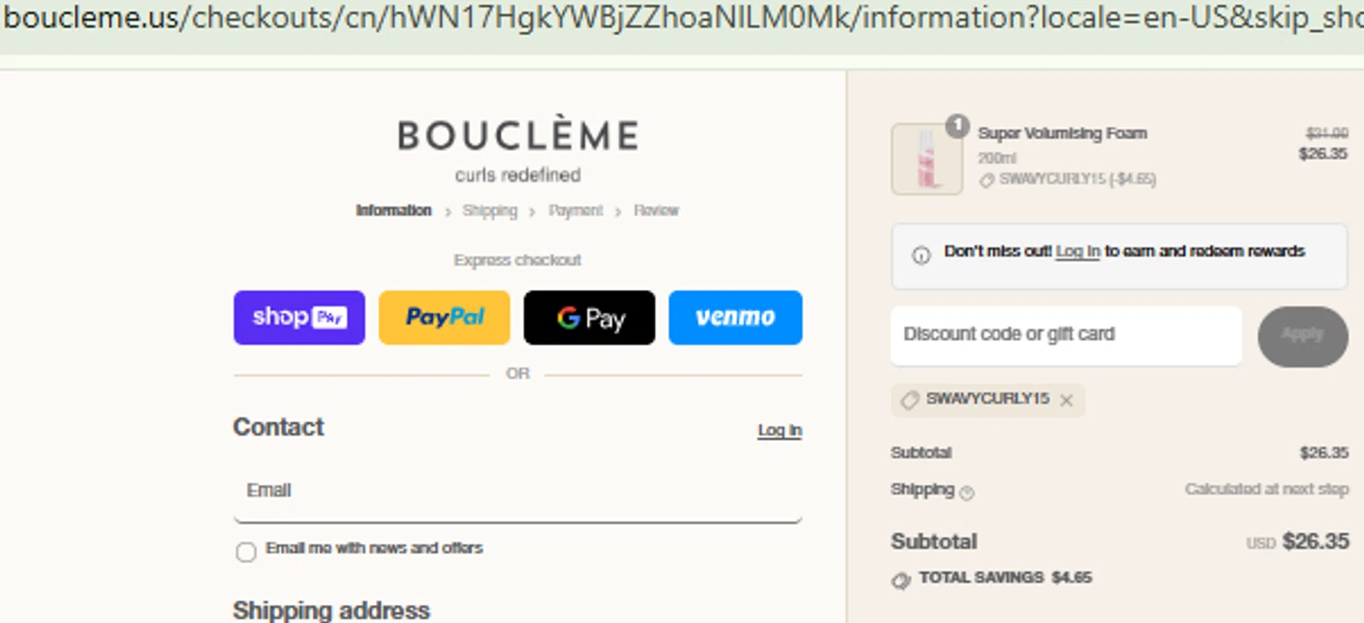 Bouclème US promo code screenshot showing code SWAVYCURLY15 applied at Bouclème US checkout page. Uploaded by SimplyCodes community member CashMaestro9337 on Jul 27, 2025