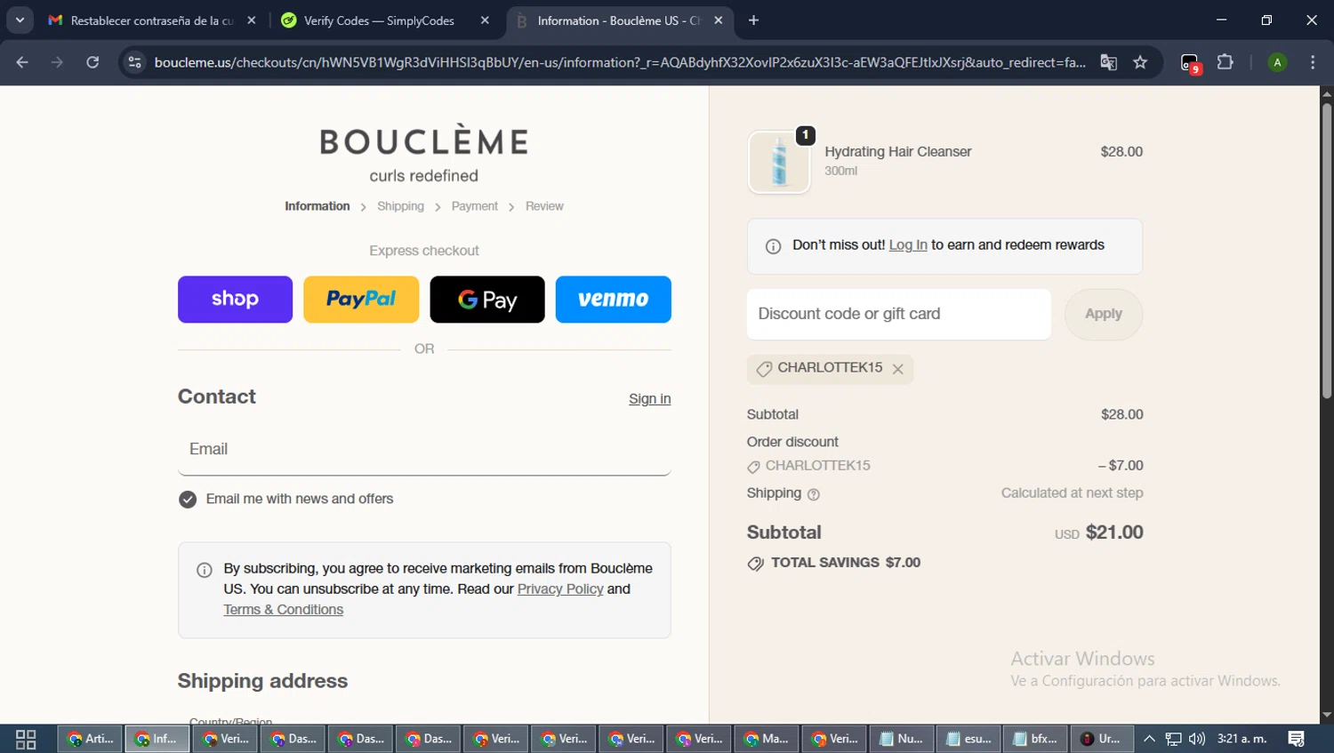 Bouclème US promo code screenshot showing code CHARLOTTEK15 applied at Bouclème US checkout page. Uploaded by SimplyCodes community member CashLynx5338 on Nov 20, 2025