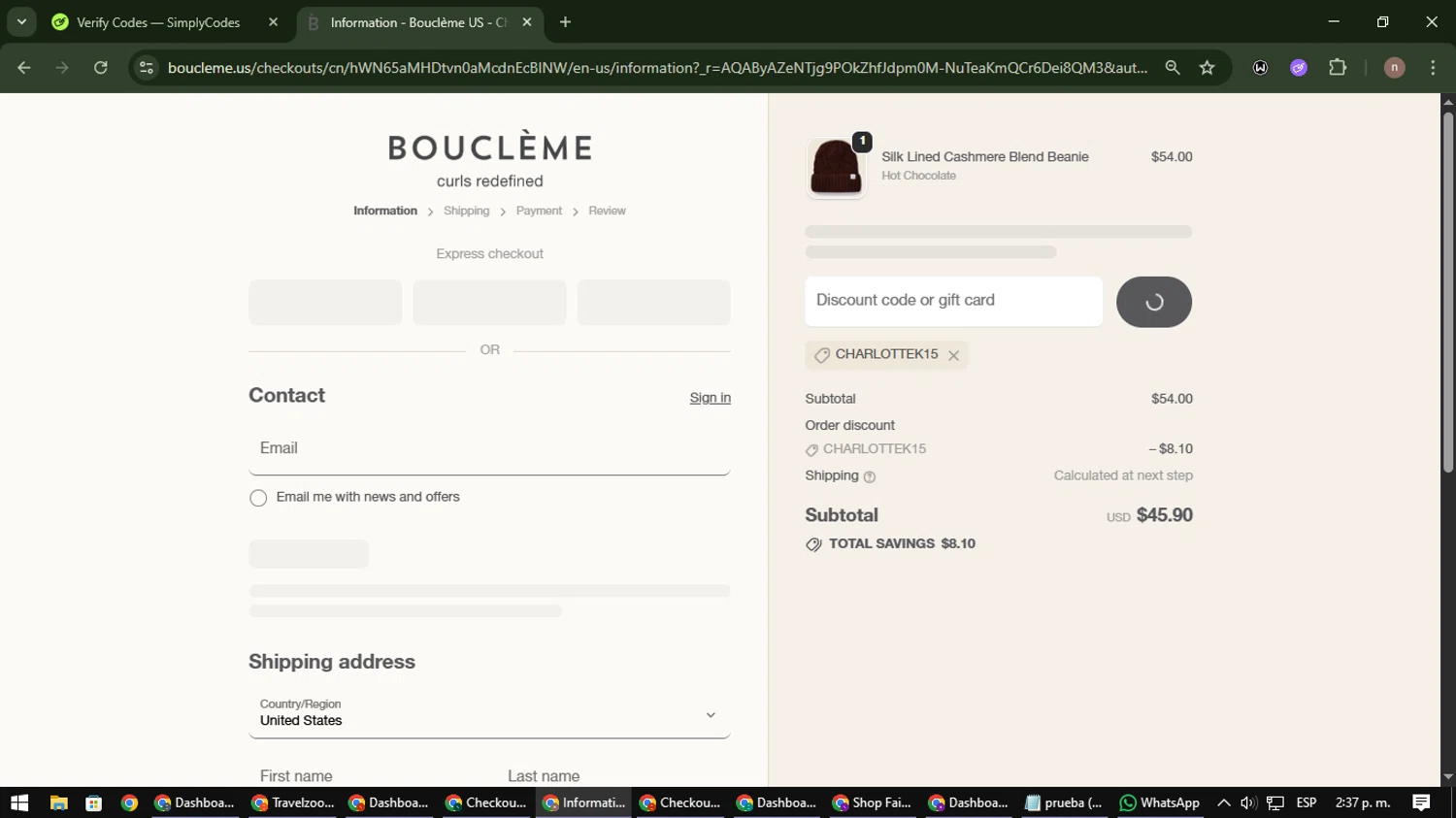 Bouclème US promo code screenshot showing code CHARLOTTEK15 applied at Bouclème US checkout page. Uploaded by SimplyCodes community member SmartWarden8713 on Dec 5, 2025