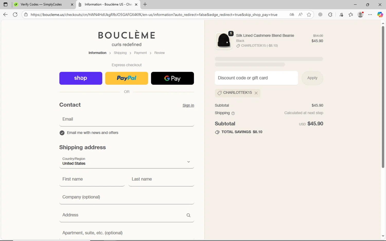 Bouclème US promo code screenshot showing code CHARLOTTEK15 applied at Bouclème US checkout page. Uploaded by SimplyCodes community member jhoanDepp on Oct 19, 2025
