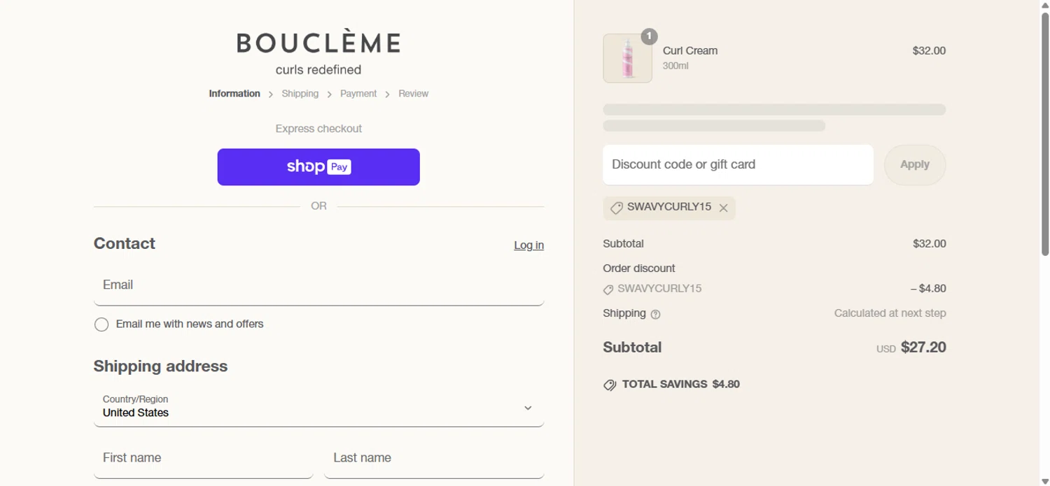 Bouclème US promo code screenshot showing code SWAVYCURLY15 applied at Bouclème US checkout page. Uploaded by SimplyCodes community member anosesmith on May 28, 2025