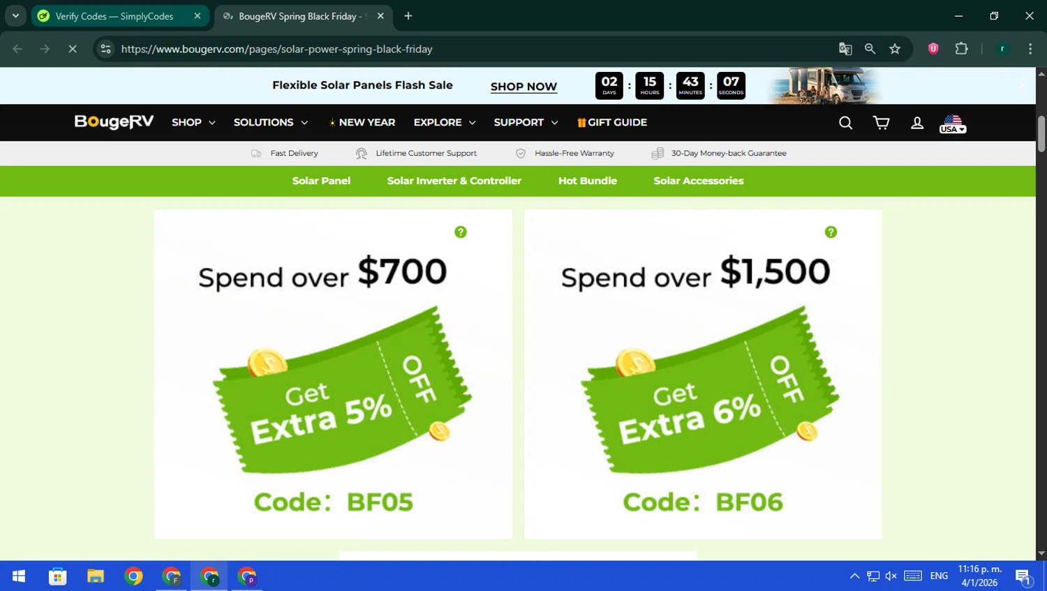 BougeRV promo code screenshot showing code BF05 applied at BougeRV checkout page. Uploaded by SimplyCodes community member rodri1 on Jan 5, 2026