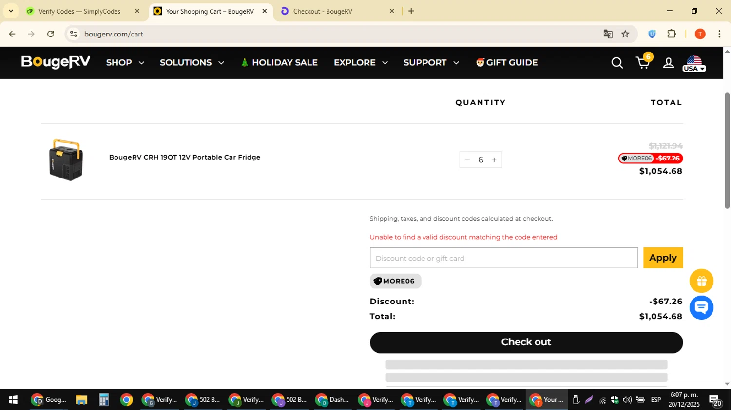 BougeRV promo code screenshot showing code NEW5 applied at BougeRV checkout page. Uploaded by SimplyCodes community member ShrewdAce8338 on Dec 20, 2025