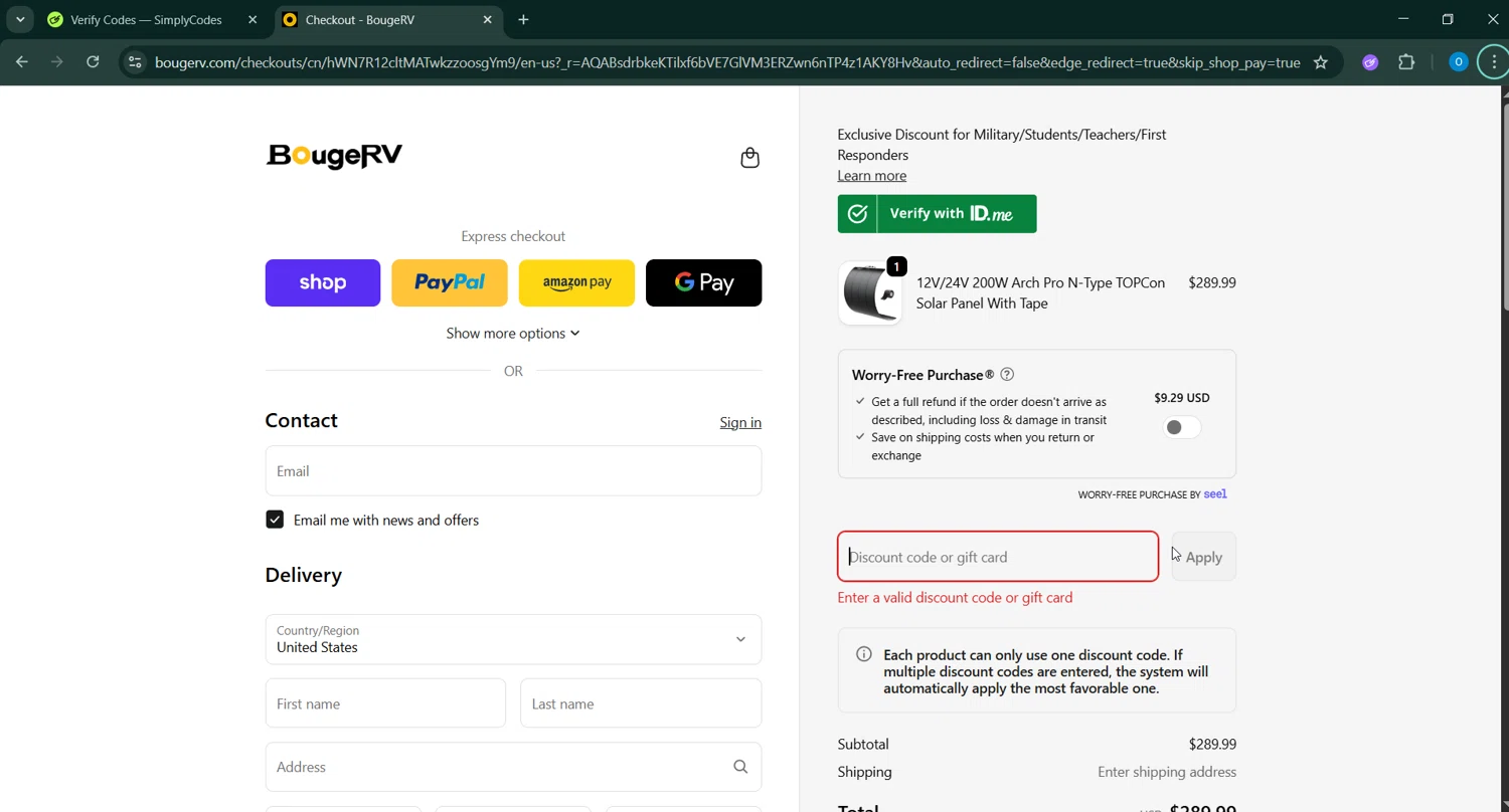 BougeRV promo code screenshot showing code COVER20 applied at BougeRV checkout page. Uploaded by SimplyCodes community member _____________ on Jan 10, 2026