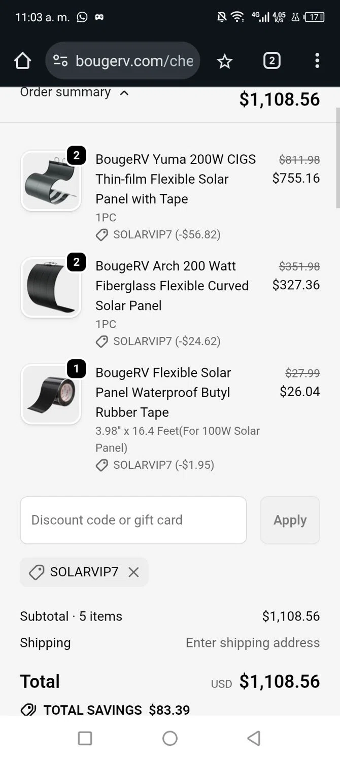 BougeRV promo code screenshot showing code Solarvip7 applied at BougeRV checkout page. Uploaded by SimplyCodes community member Junniorduno on Dec 21, 2025