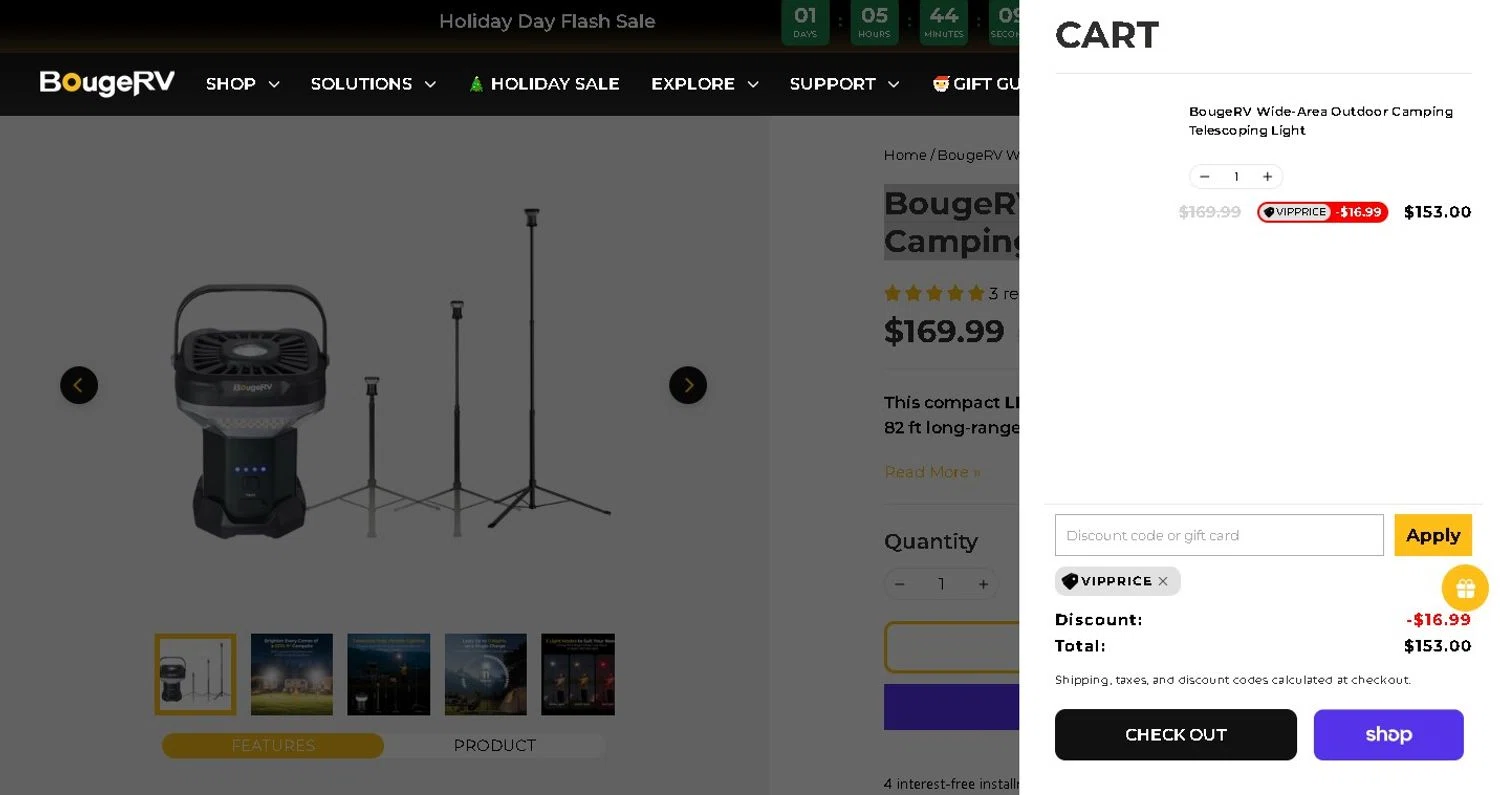 BougeRV promo code screenshot showing code VIPPRICE applied at BougeRV checkout page. Uploaded by SimplyCodes community member LAMINEJAMAL on Dec 21, 2025