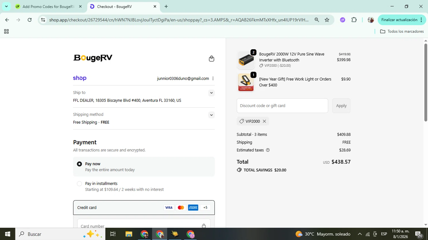 BougeRV promo code screenshot showing code vip2000 applied at BougeRV checkout page. Uploaded by SimplyCodes community member Mujerdejunnior on Jan 8, 2026