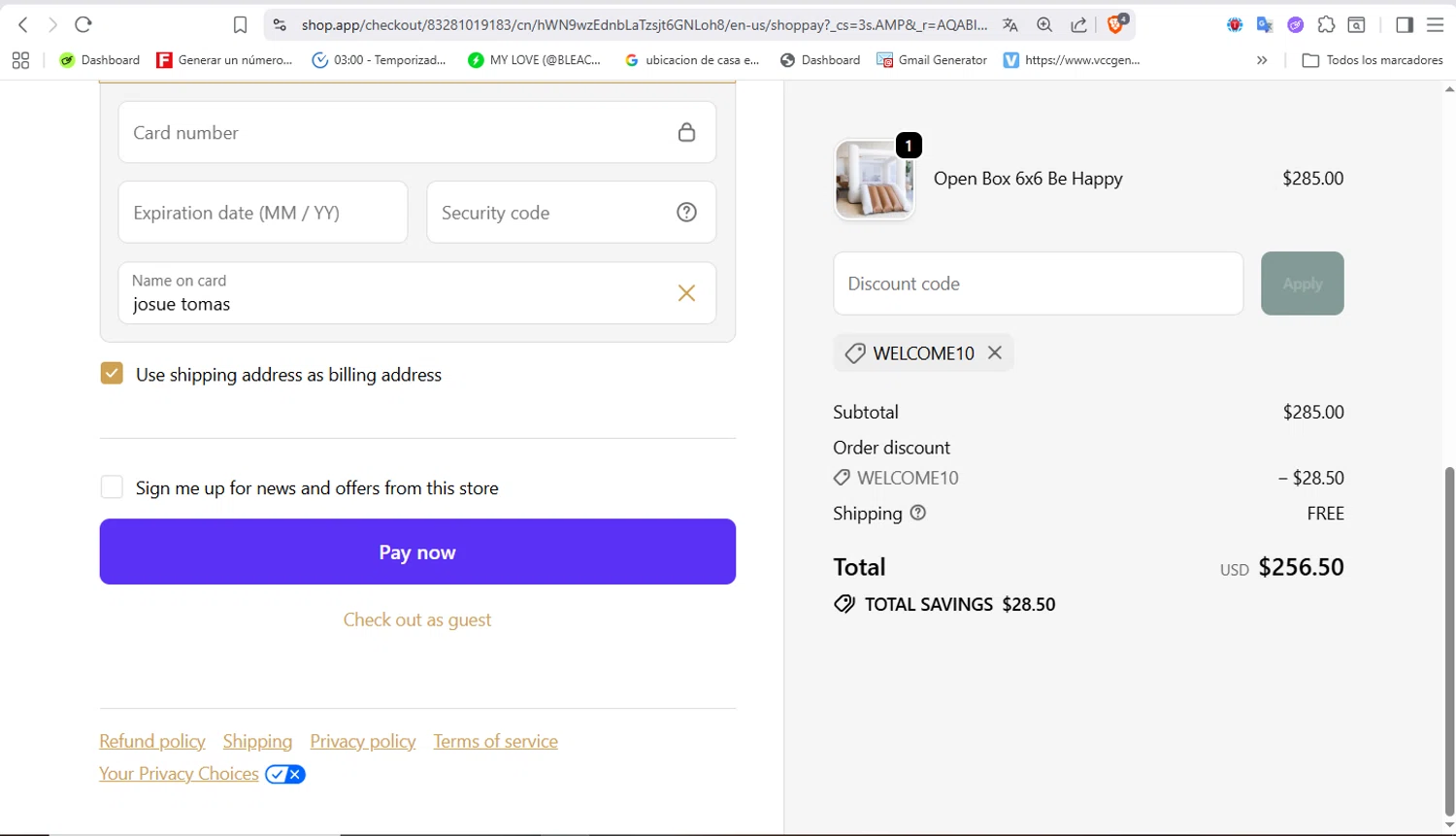 Bouncee promo code screenshot showing code WELCOME10 applied at Bouncee checkout page. Uploaded by SimplyCodes community member VoucherFalcon3942 on Mar 17, 2026