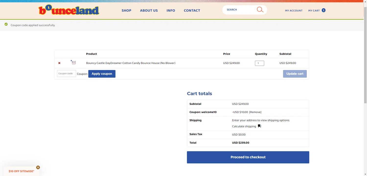 Bounceland coupon code screenshot showing code WELCOME10 applied at Bounceland checkout page. Uploaded by SimplyCodes community member PromoAdmiral6652 on Jul 9, 2025
