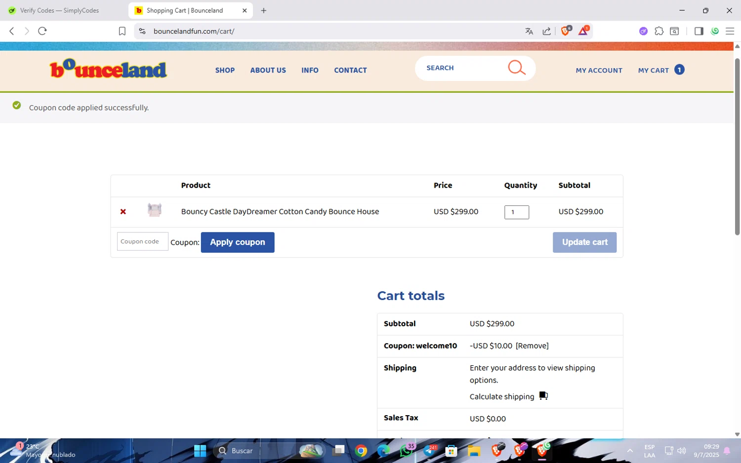 Bounceland coupon code screenshot showing code WELCOME10 applied at Bounceland checkout page. Uploaded by SimplyCodes community member Widopalacios on Jul 9, 2025