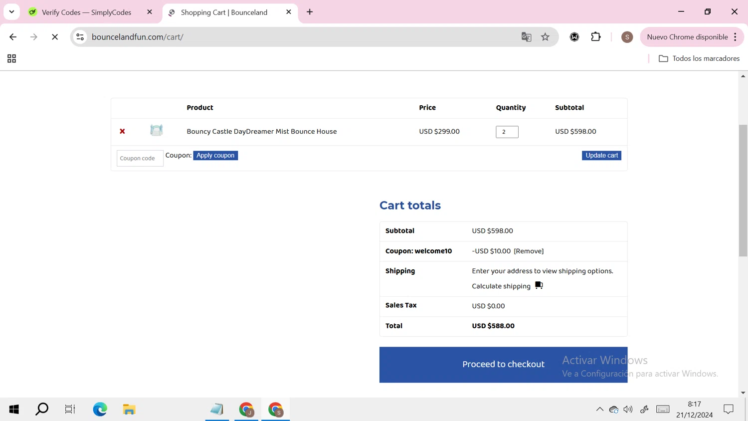 Bounceland checkout page showing Bounceland coupon code box | Screenshot taken by SimplyCodes community member on Dec 21, 2024