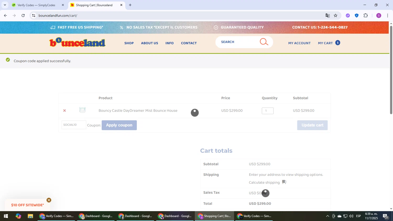 Bounceland coupon code screenshot showing code SOCIAL10 applied at Bounceland checkout page. Uploaded by SimplyCodes community member Son_Goku on Jul 11, 2025