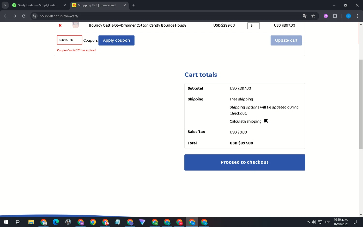 Bounceland coupon code screenshot showing code SOCIAL20 applied at Bounceland checkout page. Uploaded by SimplyCodes community member BudgetFalcon2125 on Oct 16, 2025