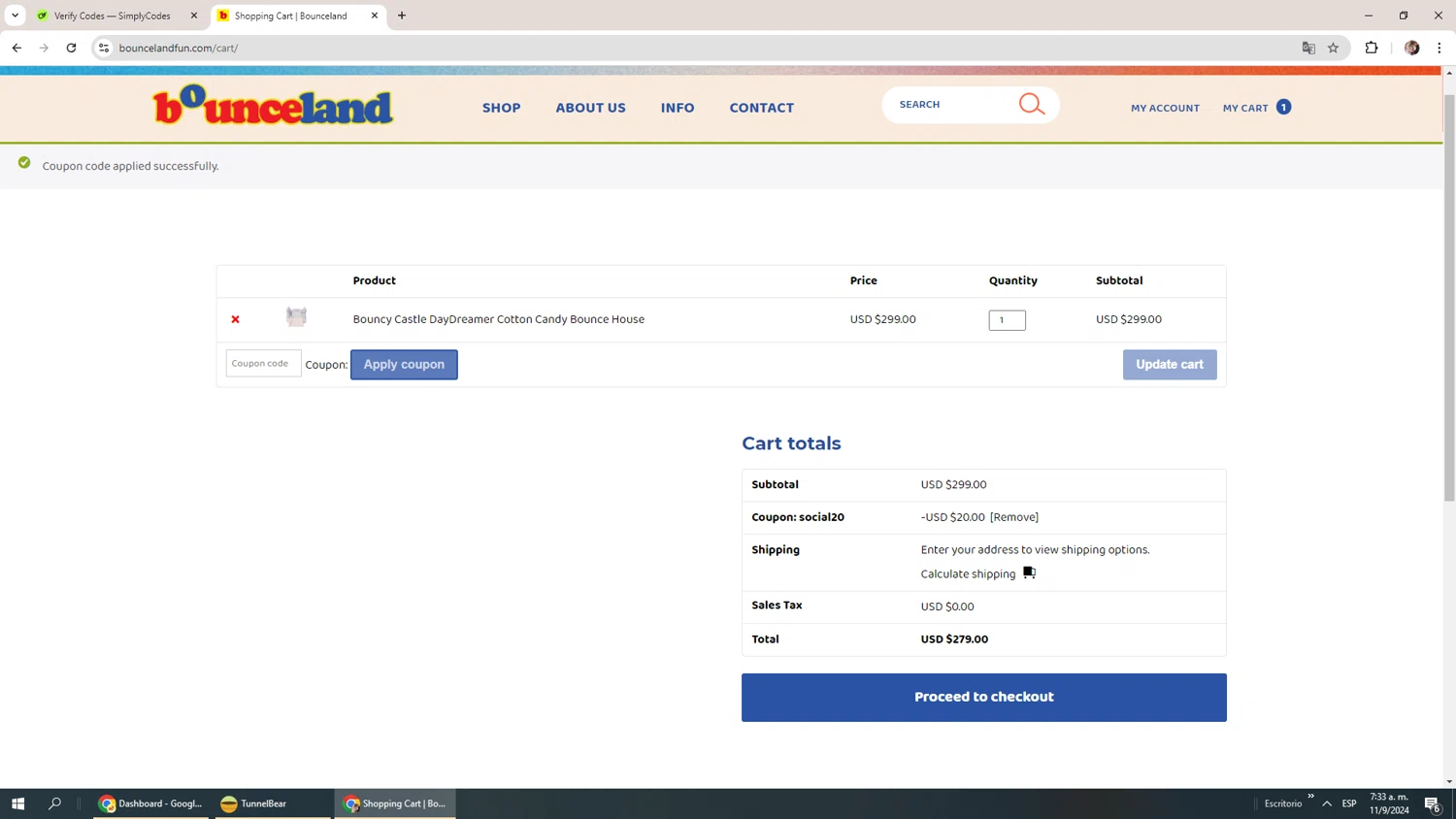 Bounceland checkout page showing Bounceland coupon code box | Screenshot taken by SimplyCodes community member on Sep 11, 2024