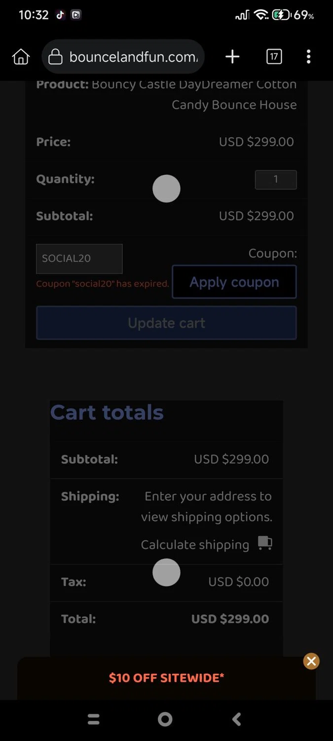 Bounceland coupon code screenshot showing code SOCIAL20 applied at Bounceland checkout page. Uploaded by SimplyCodes community member cuenta03 on Oct 16, 2025