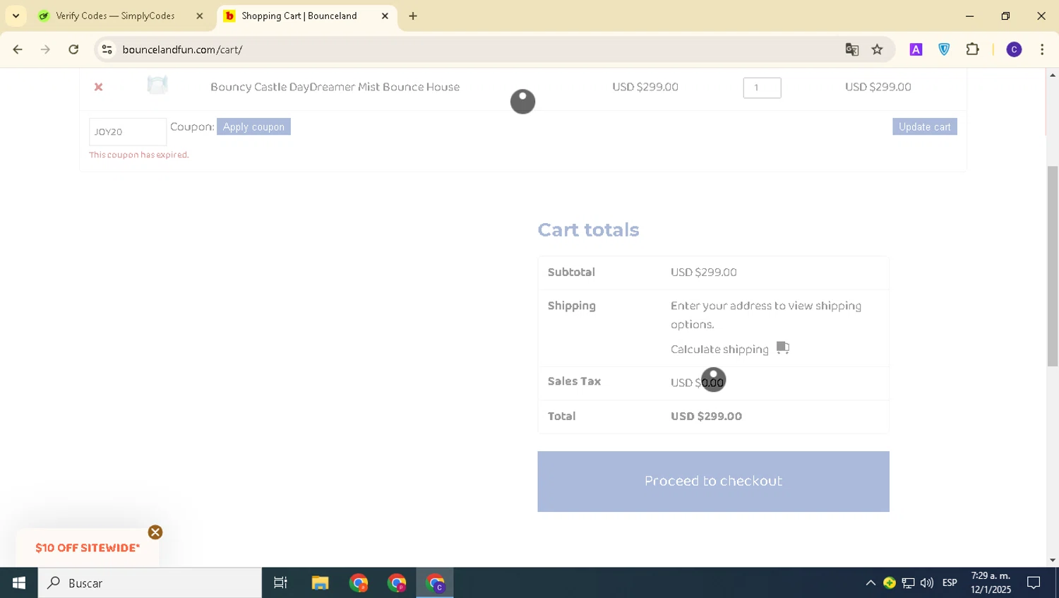 Bounceland coupon code screenshot showing code JOY20 applied at Bounceland checkout page. Uploaded by SimplyCodes community member alexanderarnold on Jan 12, 2025