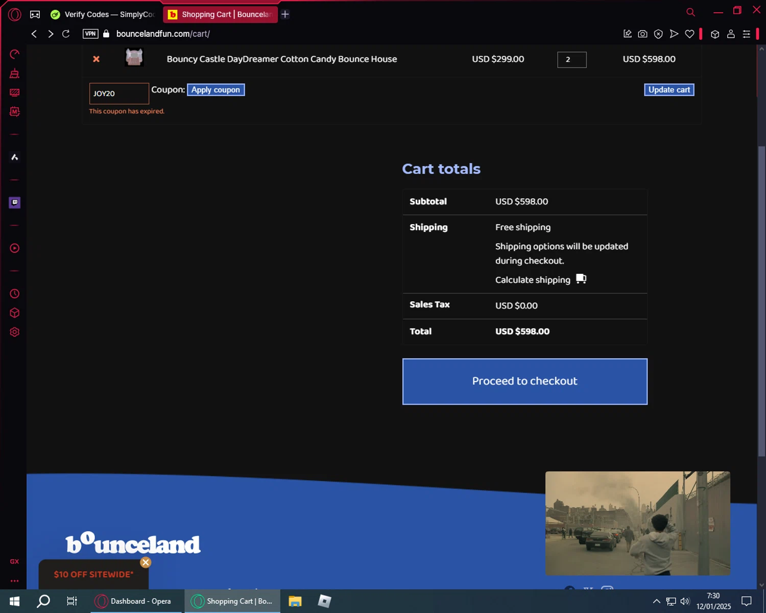 Bounceland coupon code screenshot showing code JOY20 applied at Bounceland checkout page. Uploaded by SimplyCodes community member DiscountFinder7150 on Jan 12, 2025