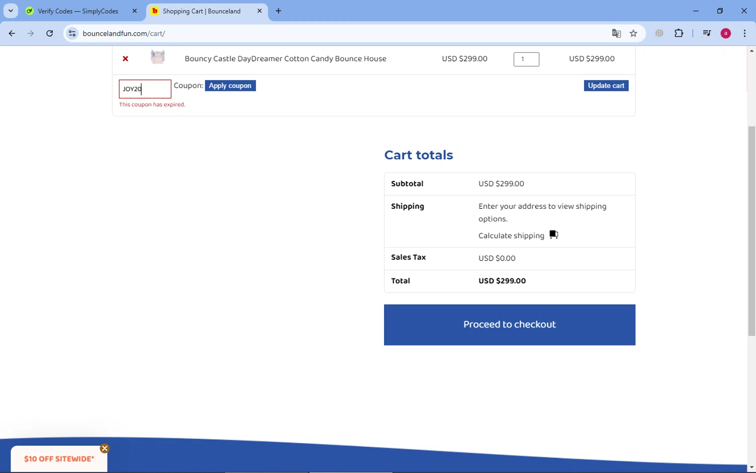 Bounceland coupon code screenshot showing code JOY20 applied at Bounceland checkout page. Uploaded by SimplyCodes community member dororotk on Jan 12, 2025