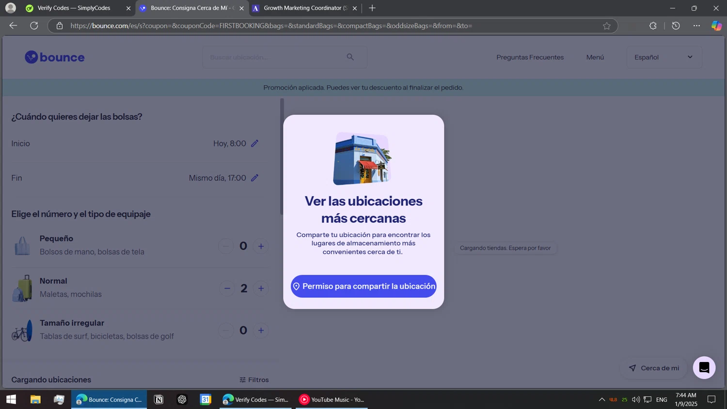 Bounce Luggage Storage promo code screenshot showing code FIRSTBOOKING applied at Bounce Luggage Storage checkout page. Uploaded by SimplyCodes community member BorgeZzz on Jan 9, 2025