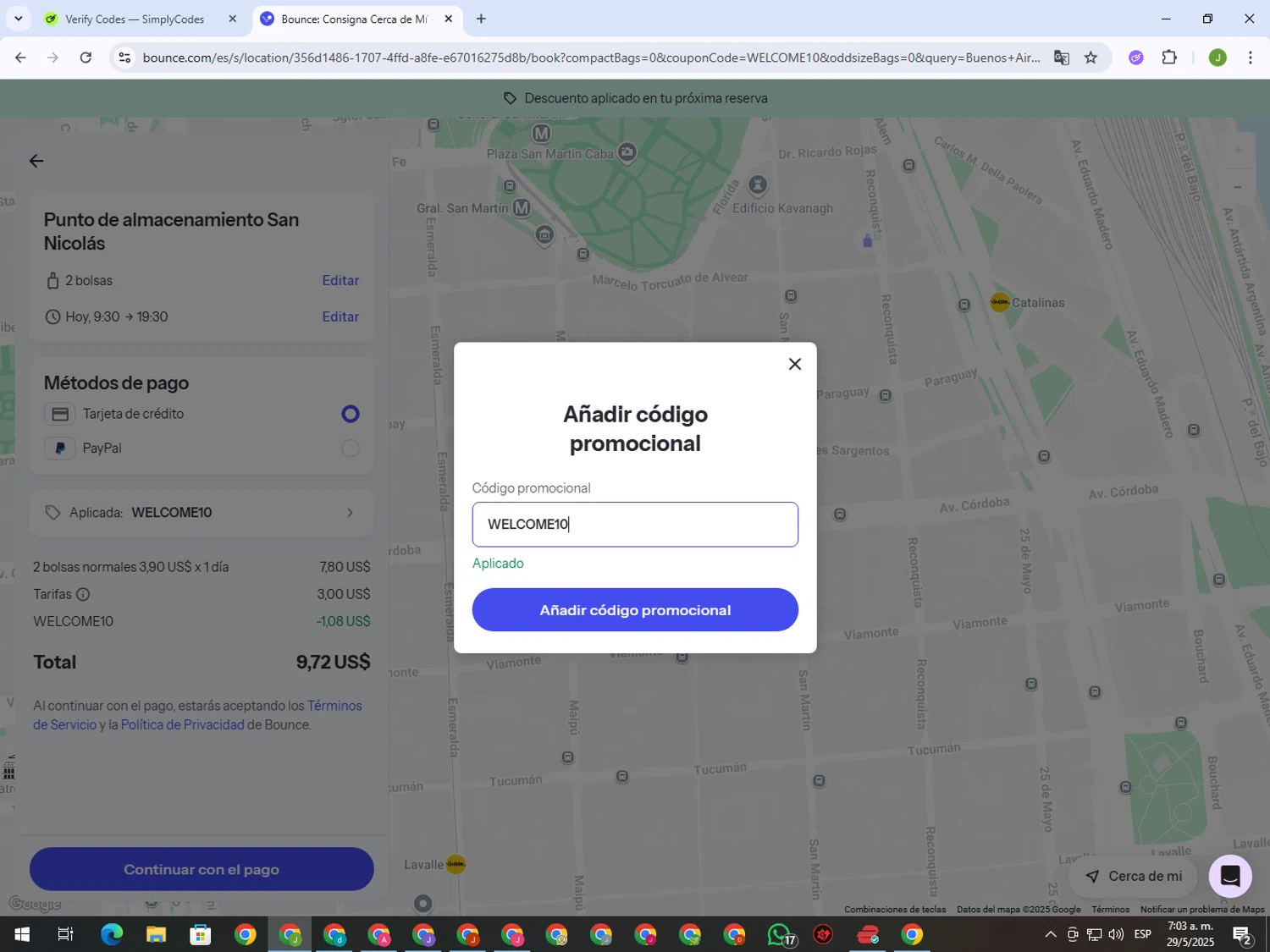 Bounce Luggage Storage promo code screenshot showing code WELCOME10 applied at Bounce Luggage Storage checkout page. Uploaded by SimplyCodes community member MightyFinder1041 on May 29, 2025
