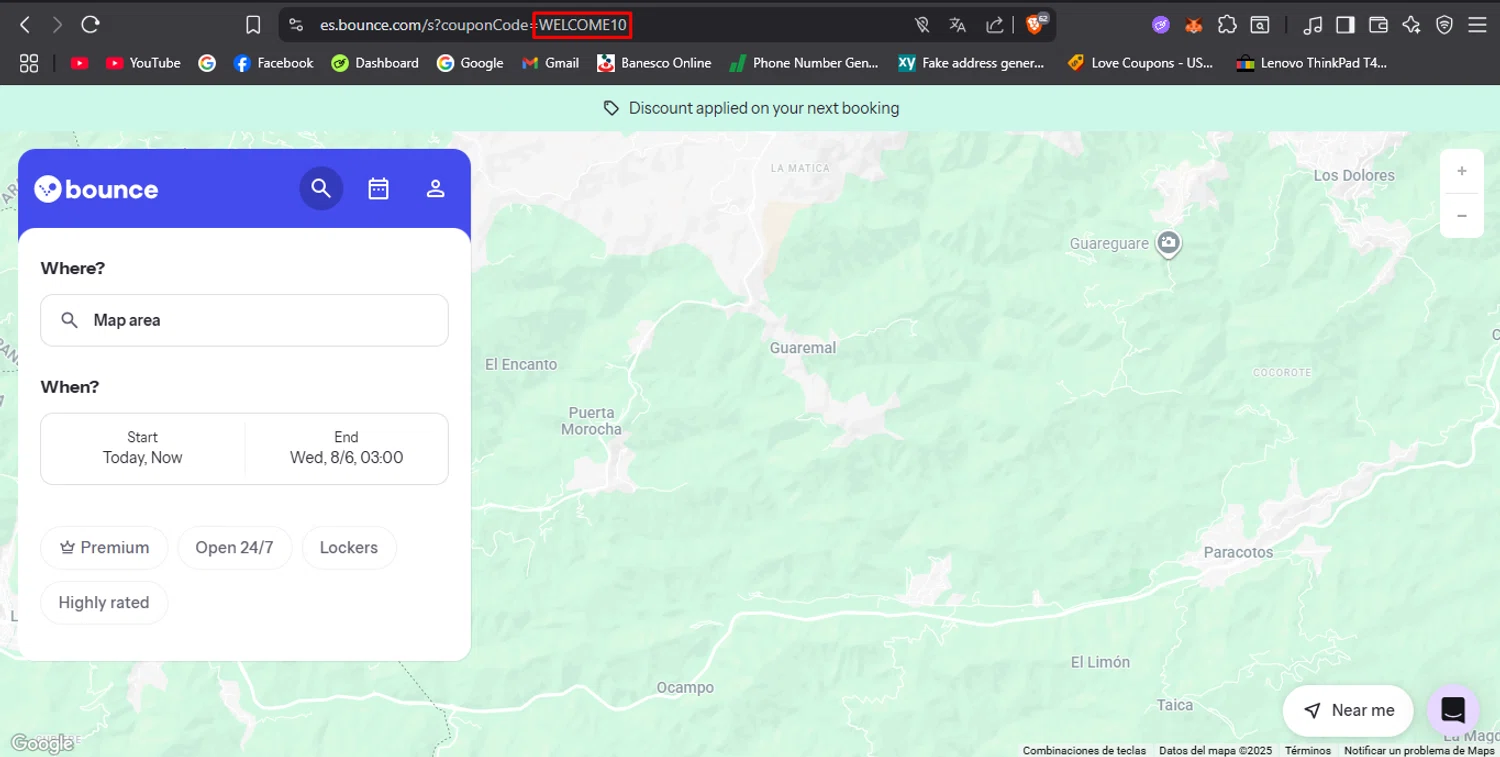 Bounce Luggage Storage promo code screenshot showing code WELCOME10 applied at Bounce Luggage Storage checkout page. Uploaded by SimplyCodes community member noworries on Aug 6, 2025