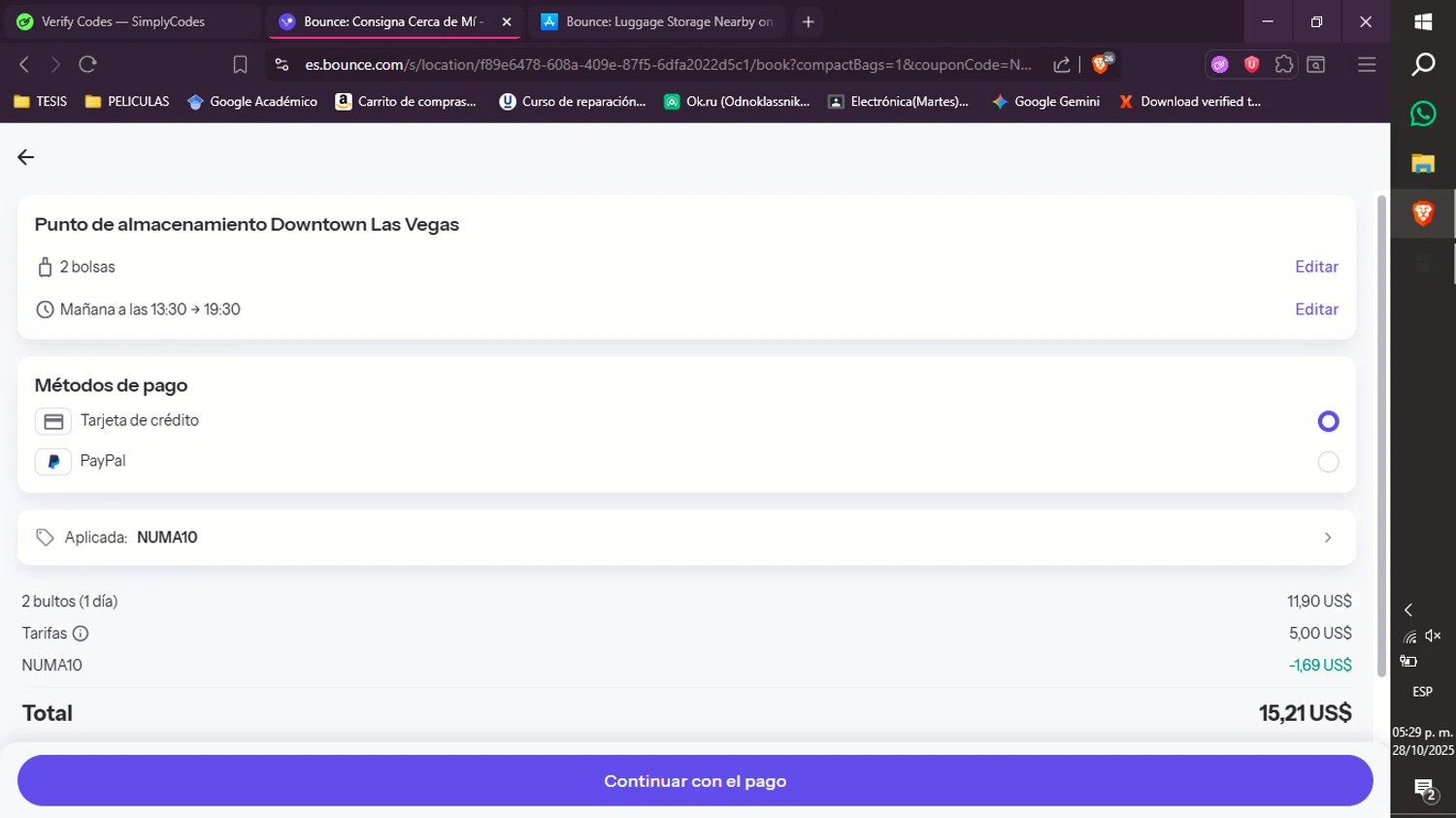 Bounce Luggage Storage checkout page showing Bounce Luggage Storage promo code box | Screenshot taken by SimplyCodes community member on Oct 28, 2025