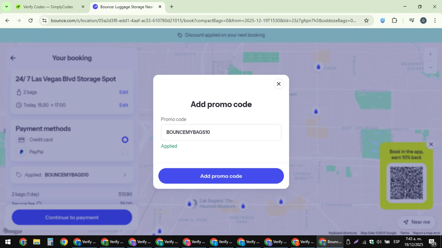 Bounce Luggage Storage checkout page showing Bounce Luggage Storage promo code box | Screenshot taken by SimplyCodes community member on Dec 19, 2025