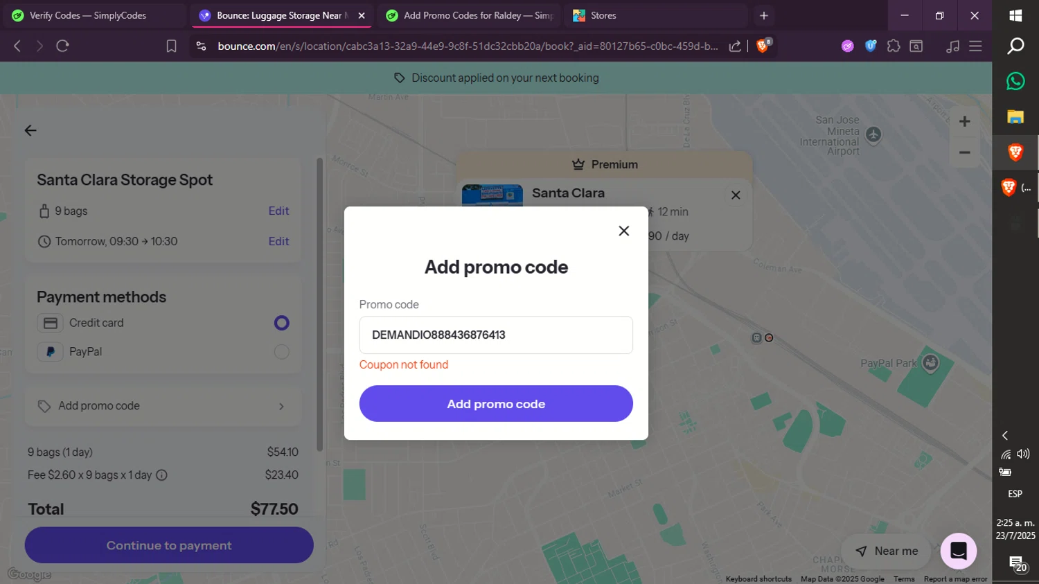 Bounce Luggage Storage promo code screenshot showing code DEMANDIO888436876413 applied at Bounce Luggage Storage checkout page. Uploaded by SimplyCodes community member xXdevoragoticas69Xx on Jul 23, 2025