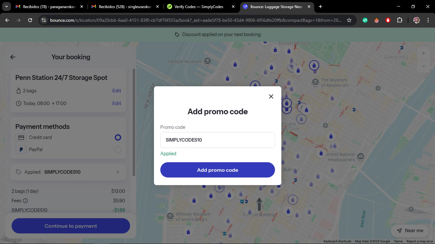 Bounce Luggage Storage promo code screenshot showing code SIMPLYCODES10 applied at Bounce Luggage Storage checkout page. Uploaded by SimplyCodes community member Juliet on Nov 16, 2025