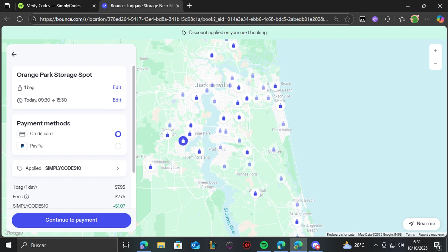 Bounce Luggage Storage promo code screenshot showing code SIMPLYCODES10 applied at Bounce Luggage Storage checkout page. Uploaded by SimplyCodes community member pedrolol on Oct 18, 2025