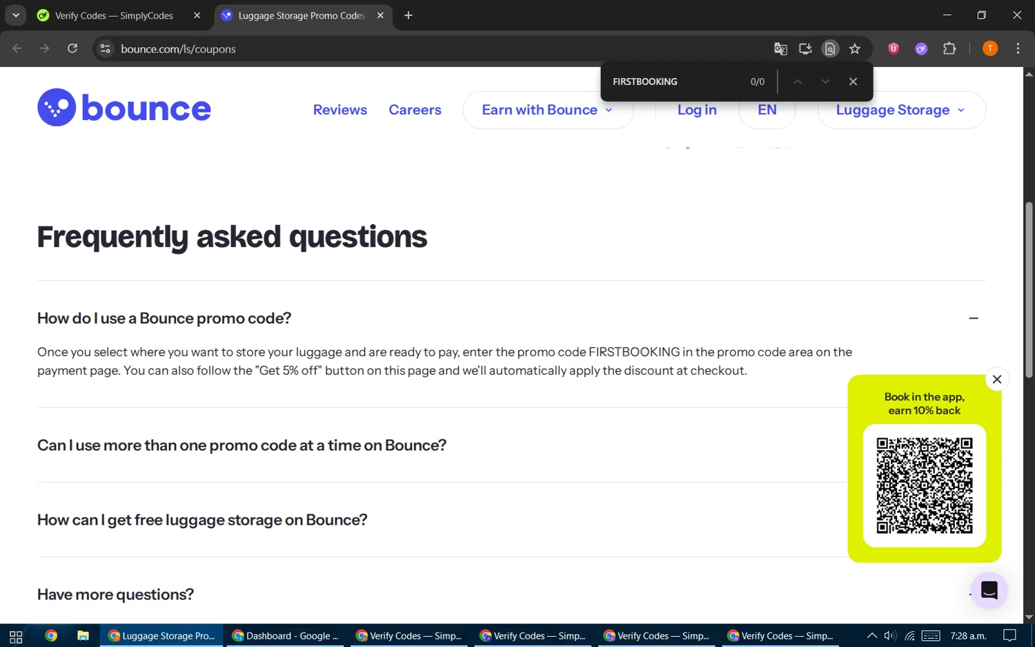 Bounce Luggage Storage promo code screenshot showing code FIRSTBOOKlNG applied at Bounce Luggage Storage checkout page. Uploaded by SimplyCodes community member EpicHero3141 on Dec 26, 2025